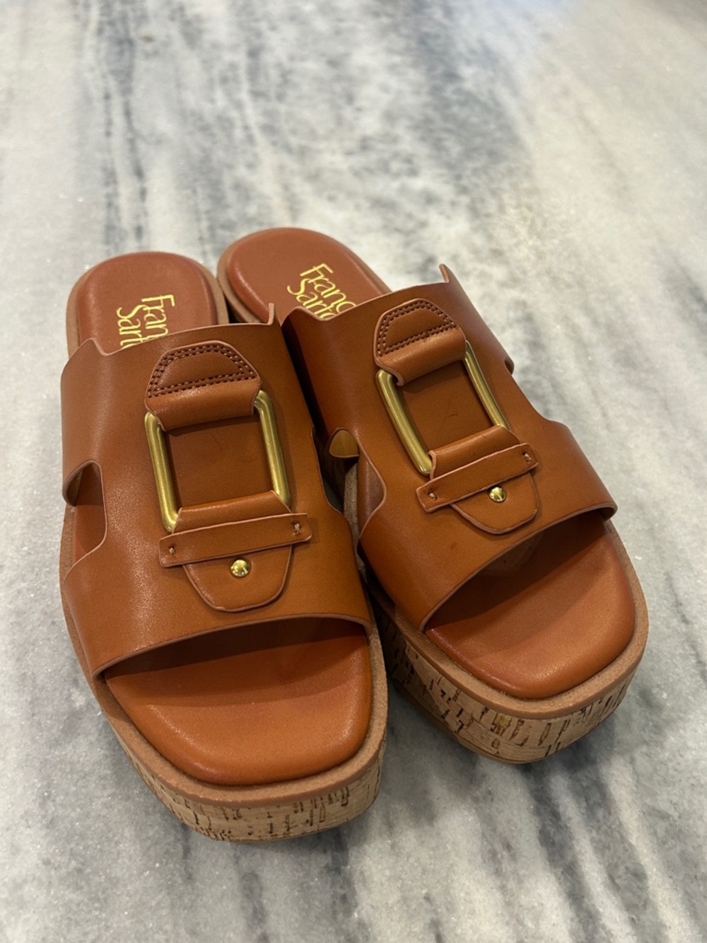 Franco Sarto Hesta Wedge Platform Slide Sandals Buckle Cognac sz 7.5